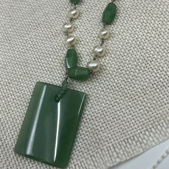 Vintage Green Jade & Pearl Sterling Silver Pendant Necklace 16" - Picture 15 of 17